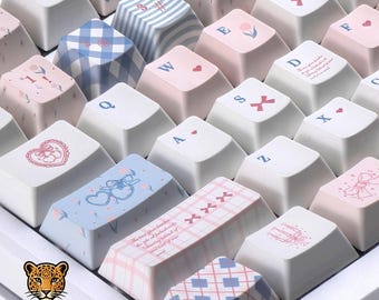 Pastel Royal Garden Keycap Set Cute Pink Blue PBT Cherry Profile Keycaps, Kawaii Aesthetic Keyboard Caps, Floral Vintage Mechanical Keyboard