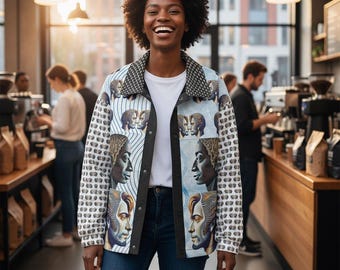 Afro Cubist Patchwork Jacket – White Tan Aqua Collage | No. 112