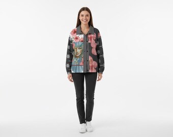 Japanese Floral Collage Jacket – Dark Gray Orange Art Design | No. 199