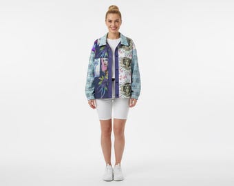 Crescent Moon Portrait Jacket – Navy Aqua Pink Gold Collage | No. 1465