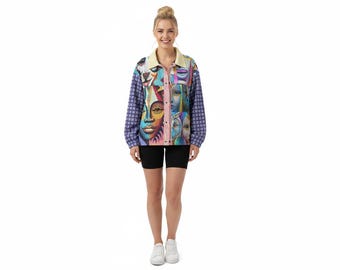 Cubist Alien Faces Collage Jacket – Navy Aqua Red Yellow Patchwork | No. 67