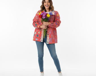 Abstract Floral Patchwork Jacket – Peach Rose Aqua Collage | No. 78
