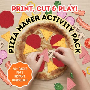 以下が含まれることがあります： 「Print, Cut & Play!」と「Pizza Maker Activity Pack」のテキストが入ったピザメーカーアクティビティパック。チーズ、ペパロニ、野菜などのトッピングが施されたピザベースの画像です。「20+ Pages PDF | Instant Download」が含まれています。