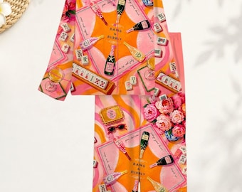 Women’s Mahjong Champagne Satin Pajama Set, Mahjong Tile & Bubbly Print Long Sleeve Sleepwear, Game Night Loungewear, Mahjong Lover Gift