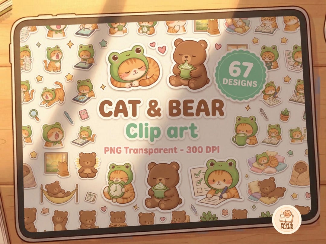 Kawaii Routine Cozy Morning Routine Clipart Set, Kawaii Cat and Bear PNG, Bear ...