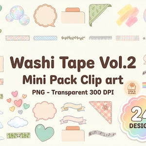 Kawaii Washi Tape Clipart | 24 Pastelowe Naklejki do Planera | Tom 2 Cyfrowe Notatki Samoprzylepne | Estetyczny Pakiet Bujo PNG | Dymek | Reklama