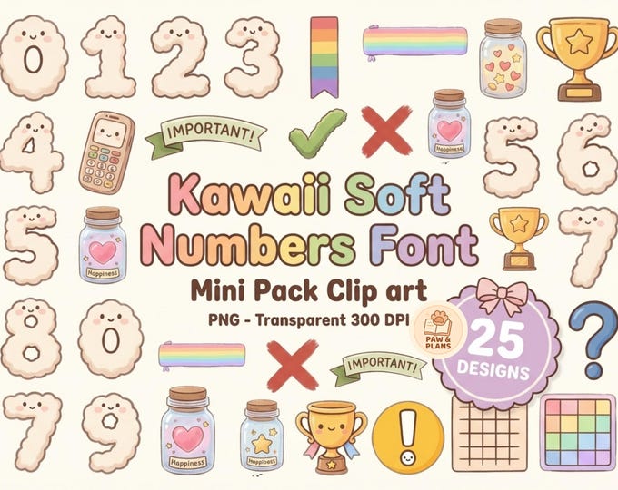 Kawaii Soft Numbers Clipart | 25 Fluffy Font PNG Bundle | Cute Planner ...
