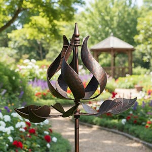 May include: A bronze-colored metal garden wind spinner with a floral design. The spinner features curved petal-like shapes and leaf accents, mounted on a pole. The background shows a garden with flowers and a gazebo.