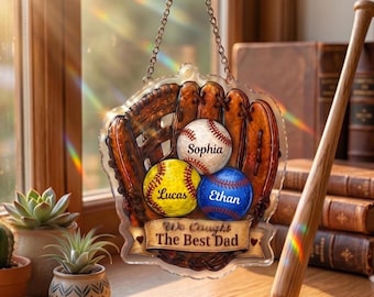 Personalized Baseball Glove Family Wavy Acrylic Suncatcher, Custom Grandkid Names Baseball Ball House Decor, Gift for Dad Mom Grandpa