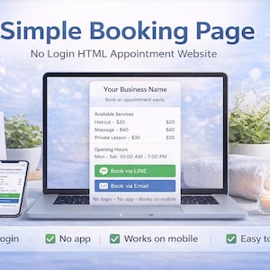 Peut inclure: Un ordinateur portable, un smartphone et un code QR imprimé présentent une page de réservation simple. L'écran affiche les options de service et les méthodes de réservation. Le texte indique "Simple Booking Page" et "No Login HTML Appointment Website."