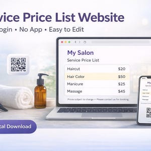 May include: A laptop and smartphone display a salon service price list. The laptop screen shows prices for haircuts, hair color, manicures, and massage. The image includes a QR code, a bottle of lotion, a rolled towel, and a lit candle.
