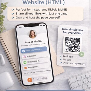 May include: A smartphone displays a "Simple Link-in-Bio Website" with a profile picture, website link, and social media icons. The image includes a QR code, a notepad, and a keyboard, promoting easy link sharing for Instagram, TikTok, and LINE.