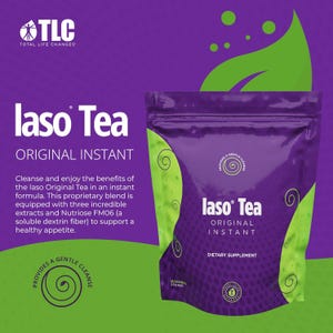 May include: A purple pouch of Iaso Tea Original Instant, a dietary supplement. The packaging features green swirls and a green leaf design. Text on the pouch includes "Iaso Tea" and "Original Instant". The background is a gradient of purple.