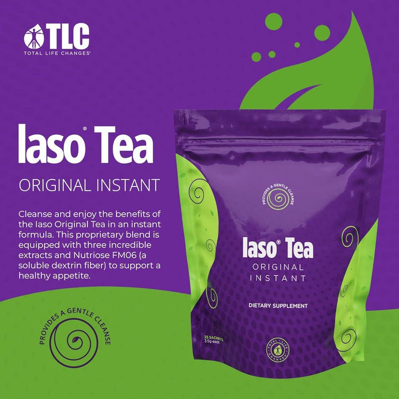 May include: A purple pouch of Iaso Tea Original Instant, a dietary supplement. The packaging features green swirls and a green leaf design. Text on the pouch includes "Iaso Tea" and "Original Instant". The background is a gradient of purple.