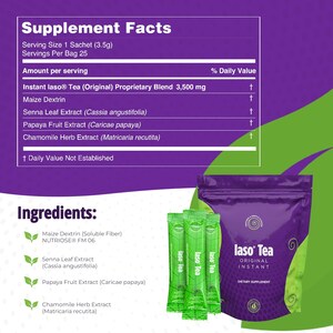May include: A purple bag and green packets of Instant Iaso Tea, a dietary supplement. The bag and packets have the words "Iaso Tea" and "Original Instant" printed on them. The image also shows the supplement facts and ingredients.