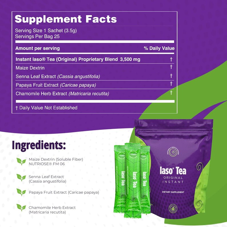 May include: A purple bag and green packets of Instant Iaso Tea, a dietary supplement. The bag and packets have the words "Iaso Tea" and "Original Instant" printed on them. The image also shows the supplement facts and ingredients.