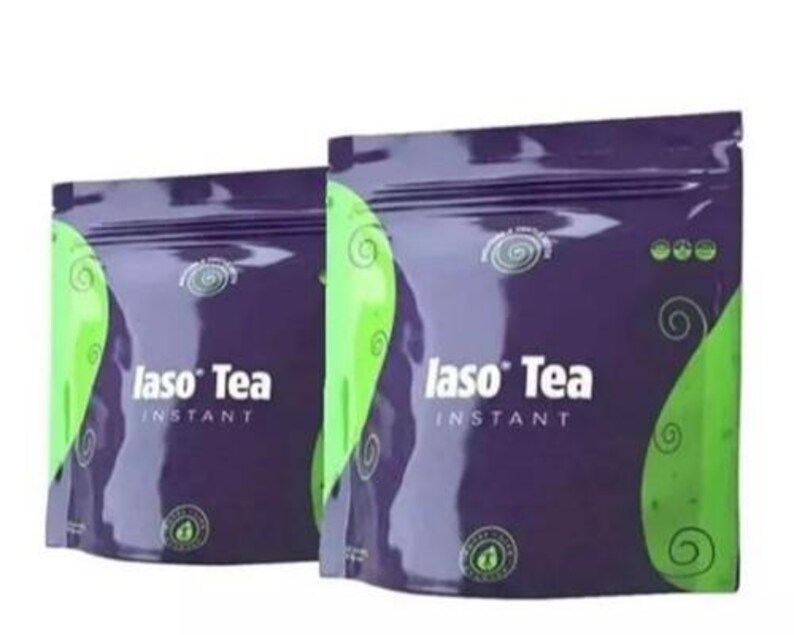 May include: Two purple and green pouches of Iaso Tea Instant. The pouches have a spiral design and the words "Iaso Tea Instant" in white. The background is a gradient of purple and green.