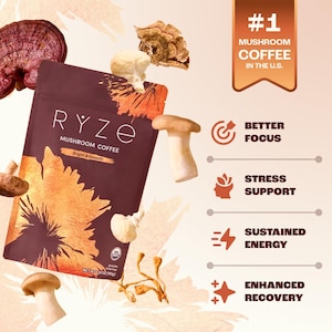 May include: A maroon package of RYZE Mushroom Coffee with the text "Bright & Smooth" and a gold leaf design. The image includes various mushrooms and text indicating benefits like better focus and sustained energy. It is the #1 mushroom coffee in the U.S.
