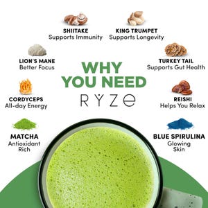 Puede incluir: Un anuncio de productos Ryze. La imagen presenta una bebida de matcha verde en un cuenco negro, rodeada de im&aacute;genes de ingredientes como setas shiitake, melena de le&oacute;n y espirulina azul. El texto destaca los beneficios de cada ingrediente.