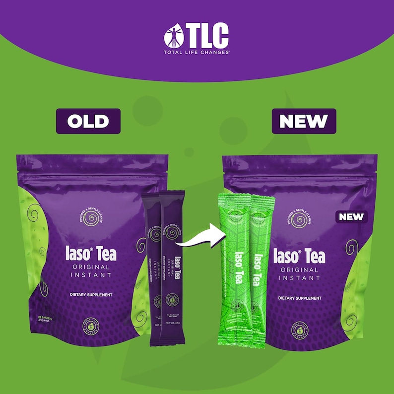 May include: Image of two purple bags and several individual packets of "laso Tea" dietary supplement. The bags are labeled "OLD" and "NEW" with the product name and "ORIGINAL INSTANT" text. The packets are green and purple.