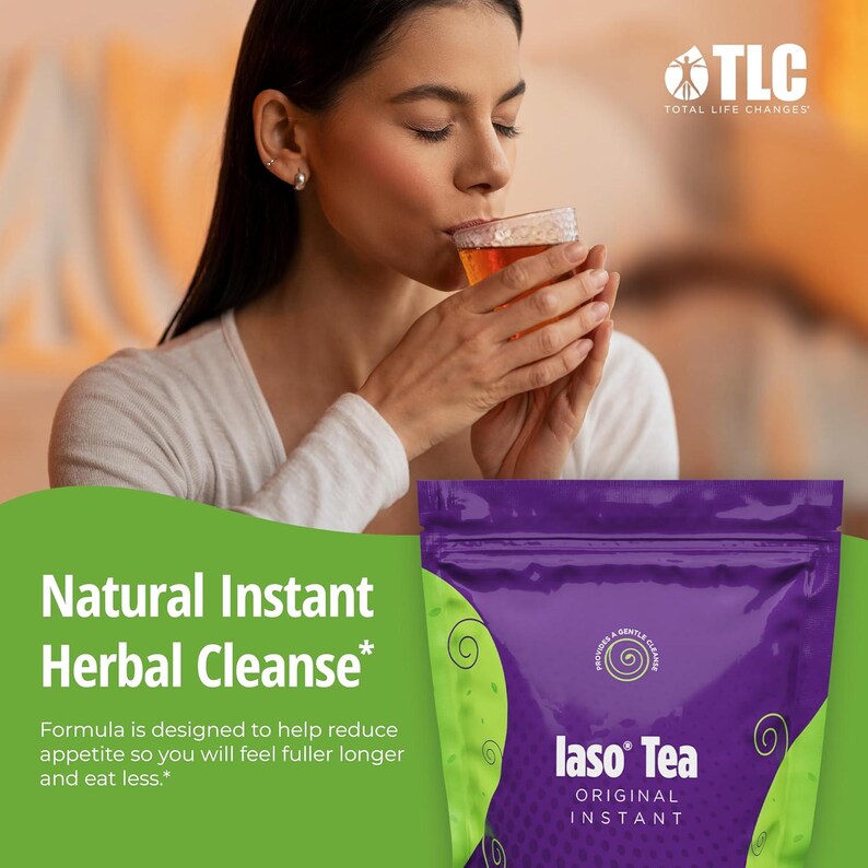 May include: A woman sips tea from a glass cup, with a purple bag of "Iaso Tea" in the foreground. The bag has green swirls and the text "Natural Instant Herbal Cleanse". The TLC logo is visible in the top right corner. The text on the bag says "Original Instant".