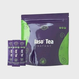 May include: A package of instant laso Tea in a purple pouch with green accents and three individual packets. The packaging features the text "laso Tea INSTANT" and other text. The overall design is modern and clean.