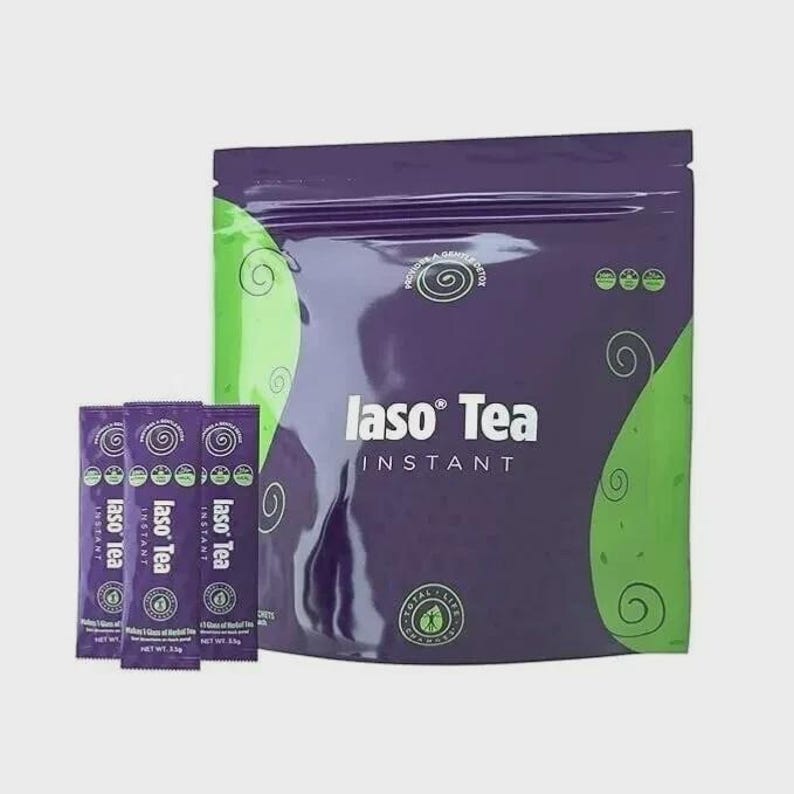 May include: A package of instant laso Tea in a purple pouch with green accents and three individual packets. The packaging features the text "laso Tea INSTANT" and other text. The overall design is modern and clean.