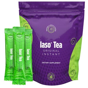 May include: A package of Iaso Tea Original Instant dietary supplement, with three individual green packets in front. The large bag is purple with green accents and the text "Iaso Tea" in white.