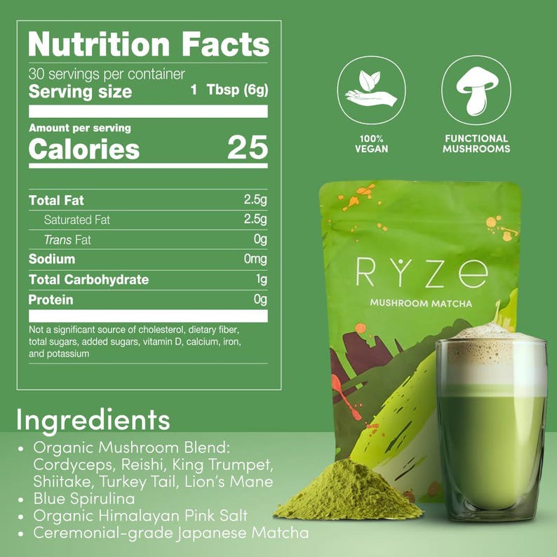 Puede incluir: Una bolsa verde de RYZE Mushroom Matcha junto a un vaso de matcha latte y un mont&oacute;n de polvo verde. La etiqueta nutricional muestra 25 calor&iacute;as por porci&oacute;n. Los ingredientes incluyen mezcla de hongos org&aacute;nicos, espirulina azul y sal rosa del Himalaya.