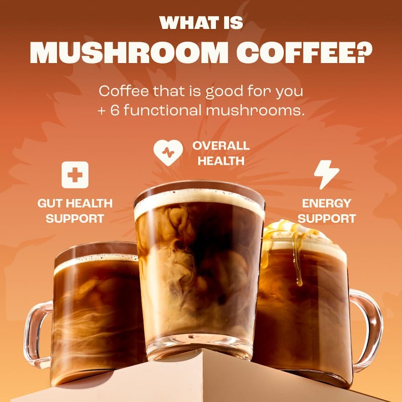 May include: An advertisement for mushroom coffee. The image shows three clear glass mugs filled with coffee and cream. Text on the image reads "What is Mushroom Coffee?" and "Coffee that is good for you + 6 functional mushrooms."