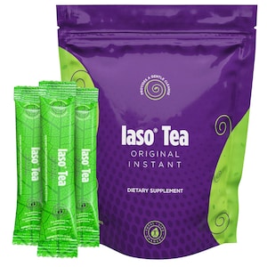 May include: A package of Iaso Tea Original Instant dietary supplement, with three individual green packets in front. The large bag is purple with green accents and the text "Iaso Tea" in white.