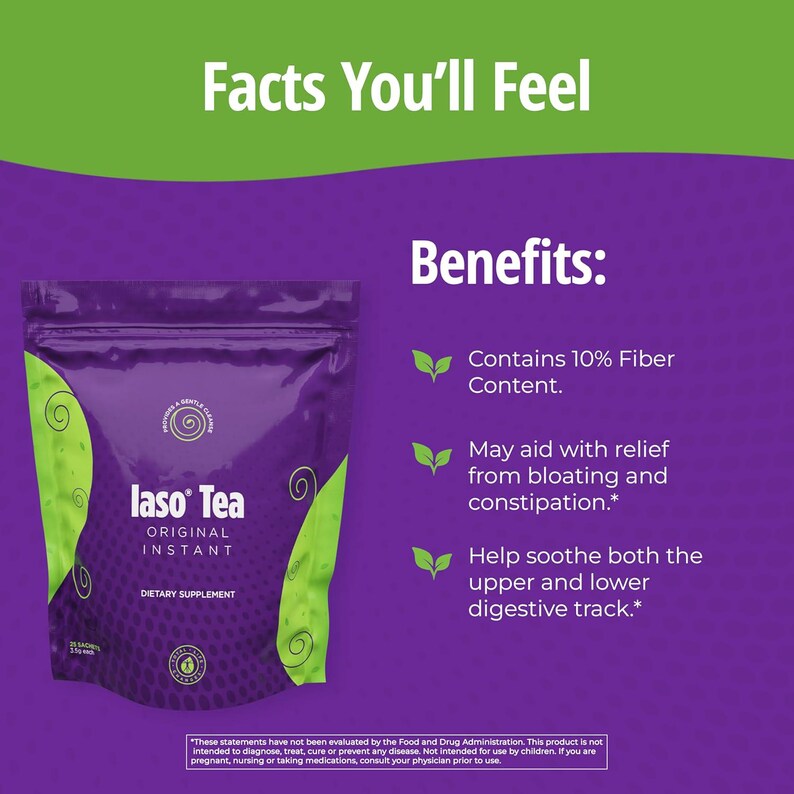 May include: A purple bag of "laso Tea" dietary supplement with green accents and text. The text on the bag reads "Original Instant". The background is purple with green text that says "Facts You'll Feel" and "Benefits:" with bullet points.