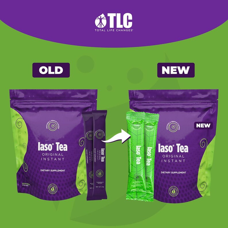May include: Image of two purple bags and several individual packets of "laso Tea" dietary supplement. The bags are labeled "OLD" and "NEW" with the product name and "ORIGINAL INSTANT" text. The packets are green and purple.