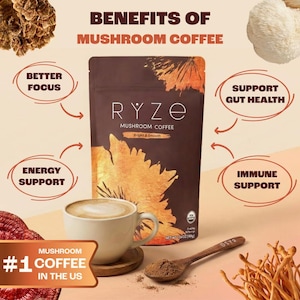 May include: A product shot of Ryze Mushroom Coffee, with a bag, a cup of coffee, and a wooden spoon with coffee grounds. Text includes "Benefits of Mushroom Coffee", "Better Focus", "Energy Support", "Support Gut Health", and "Immune Support".