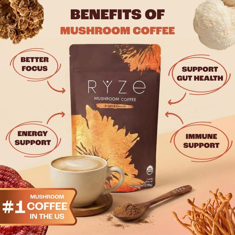 May include: A product shot of Ryze Mushroom Coffee, with a bag, a cup of coffee, and a wooden spoon with coffee grounds. Text includes "Benefits of Mushroom Coffee", "Better Focus", "Energy Support", "Support Gut Health", and "Immune Support".