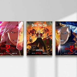 May include: Three framed posters showcasing anime-style artwork from the "Devil May Cry" Netflix series. Each poster features a different character with vibrant colours and the series title. Release dates are also shown.