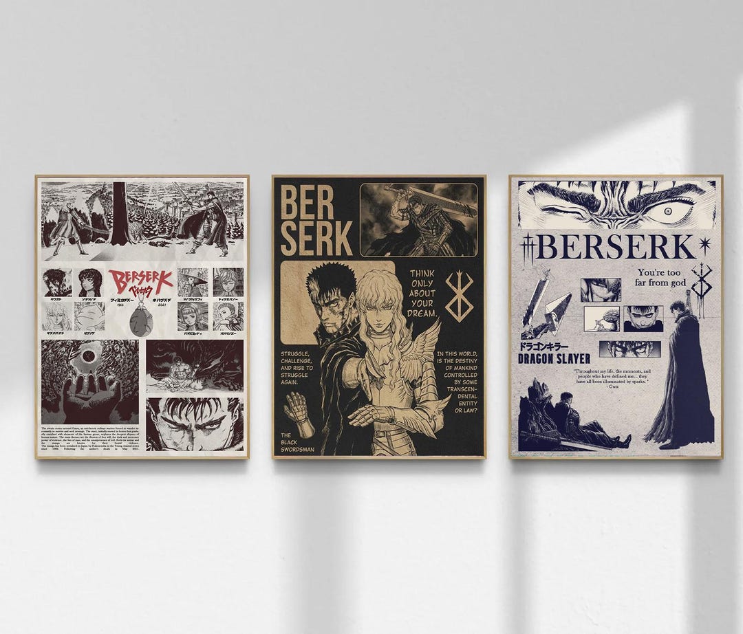 Berserk Anime Poster Vintage Black White, Guts Dragon Slayer Wall Art ...