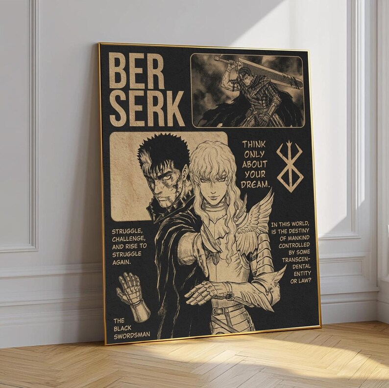 Berserk Anime Poster Vintage Black White, Guts Dragon Slayer Wall Art ...