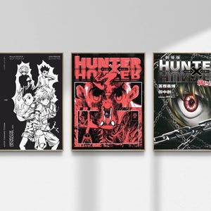 May include: Three rectangular wall posters featuring Hunter x Hunter anime artwork. The left poster is black and white with characters Gon and Killua. The center poster is red and black with stylized text. The right poster shows a red eye and chains.