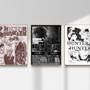 May include: Three rectangular wall art prints featuring Hunter x Hunter manga illustrations. The left print is sepia-toned, the center is black and white with bold text, and the right print is a black and white collage with character portraits.