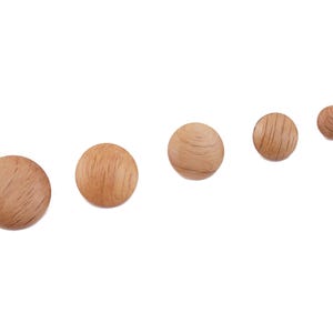 Può includere: Cinque pomelli rotondi in legno di varie dimensioni sono disposti diagonalmente su uno sfondo bianco. I pomelli sono in legno marrone chiaro con venature visibili. Questi pomelli potrebbero essere utilizzati per mobili o scopi decorativi.