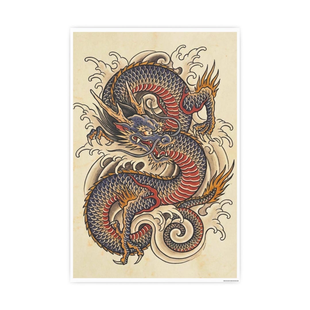 Japanese Dragon Wall Art Print, Traditional Irezumi Style Dragon Poster ...