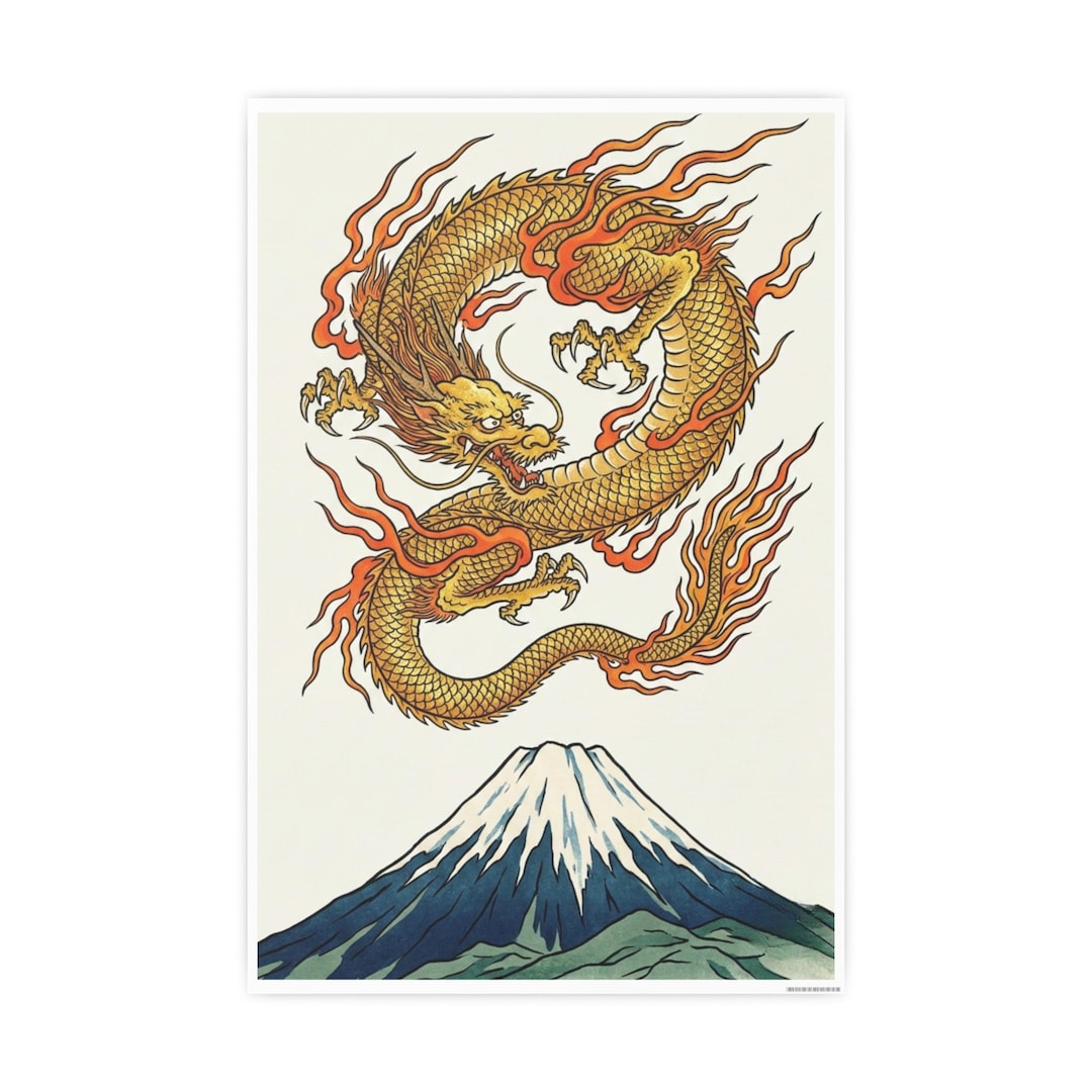 Golden Japanese Dragon Poster, Ryu Over Mount Fuji Wall Art Print ...