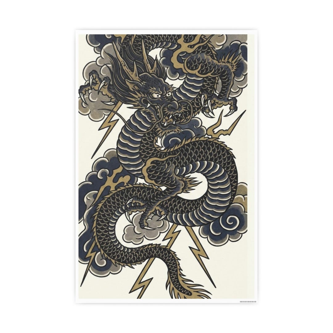 Irezumi Ryu Japanese Dragon Poster, Traditional Irezumi Ryu Wall Art Print, Thunder ...