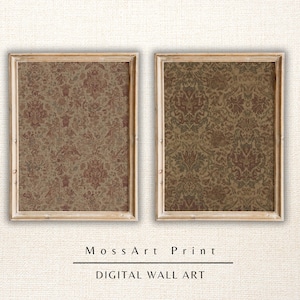 May include: Two framed digital wall art prints. Each print features a detailed, repeating floral pattern in shades of brown, red, and green on a tan background. The frames are light-colored wood. The text "MossArt Print" and "DIGITAL WALL ART" are below the prints.