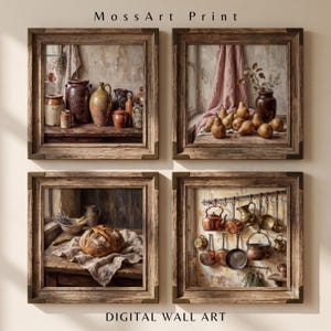 May include: A set of four square wall art prints in rustic wooden frames. The prints feature still life scenes including ceramic pottery, a bowl of pears, a loaf of bread on a cloth, and copper kitchenware hanging on a wall. Text reads Moss Art Print.