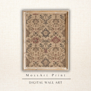 May include: Framed digital wall art print featuring a detailed floral pattern in shades of brown, red, and gray. The print is set within a distressed, light-colored wooden frame. The text "MossArt Print" and "DIGITAL WALL ART" are displayed at the bottom.