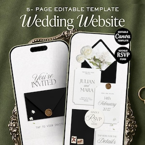 Könnte beinhalten: Eine 5-seitige bearbeitbare Hochzeits-Website-Vorlage auf zwei Smartphones. Die Bildschirme zeigen Einladungsdesigns mit schwarzen Umschlägen, weißen Blumenakzenten und Texten wie You're Invited, Julian and Mara, 14th February 2027 und RSVP.