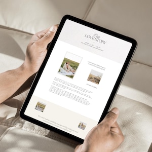 May include: A digital tablet displaying a wedding invitation template titled Our Love Story. The layout features placeholder text, multiple small rectangular photo frames, and a cream-coloured background with black serif typography and minimalist design elements.