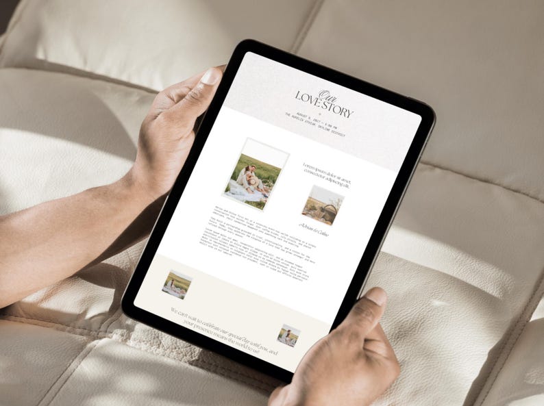May include: A digital tablet displaying a wedding invitation template titled Our Love Story. The layout features placeholder text, multiple small rectangular photo frames, and a cream-coloured background with black serif typography and minimalist design elements.